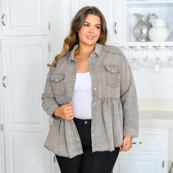 Gray Twill Peplum Button-up -2 available - Picture 3 of 7